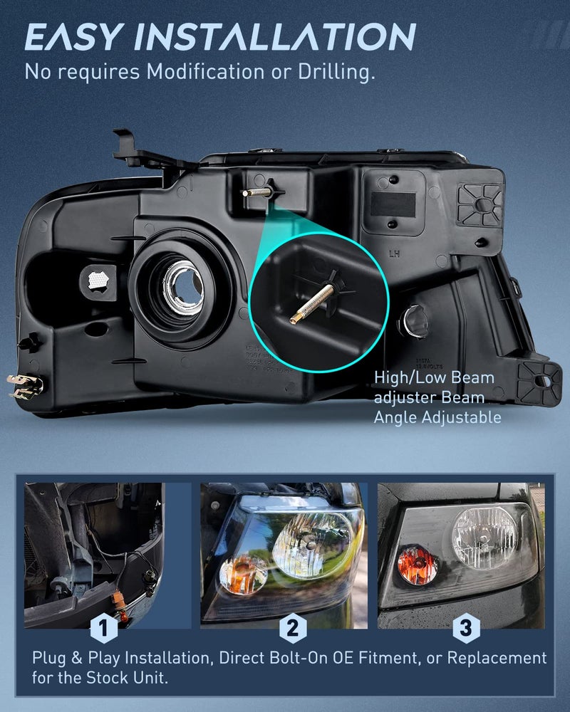 Nilight Headlight Assembly for 2004 2005 2006 2007 2008 Ford F150 Pickup /2006-2008 Lincoln Mark LT Passenger Driver Side Black Housing Clear Reflector Lens Headlamp Replacement - Image 3