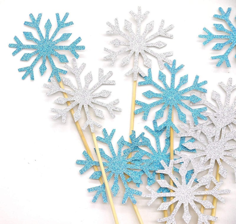 Confetti ! - Frozen Snow Flake Cupcake Toppers Toothpicks, Sliver/Blue/Snow (Pack of 20) - Image 1