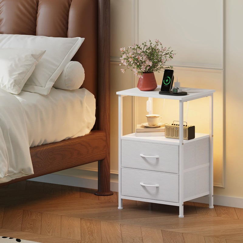 Somdot White Nightstand with Charging Station and LED Light for Bedroom, 2 Drawers Dresser with Fabric Bins for Bedside Kids Dorm Room Closet Laundry Entryway, White Leather - Image 2