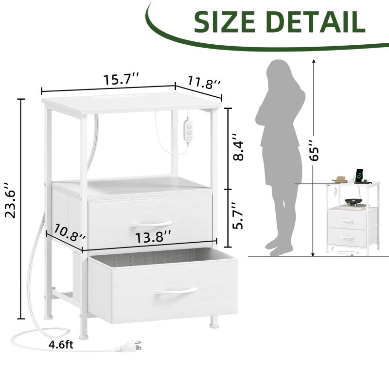 Somdot White Nightstand with Charging Station and LED Light for Bedroom, 2 Drawers Dresser with Fabric Bins for Bedside Kids Dorm Room Closet Laundry Entryway, White Leather - Image 3
