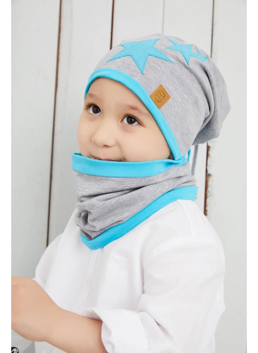 Babygiz Gray Blue Fanatic Beanie Neck Collar Set Soft Double Layer Sports 100% Natural Cotton Combed Cotton