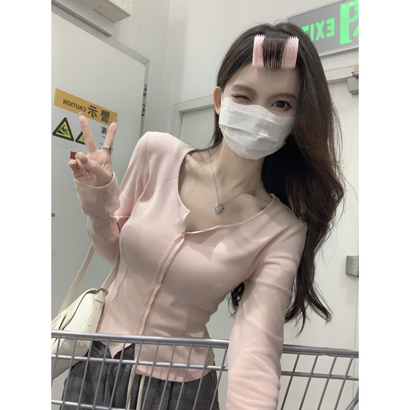 German Velvet Pure Desire Split Design Sense Pink Foreign Style Age-Reducing Long-Sleeved Base T-Shirt Women'S Trendy - Image 2
