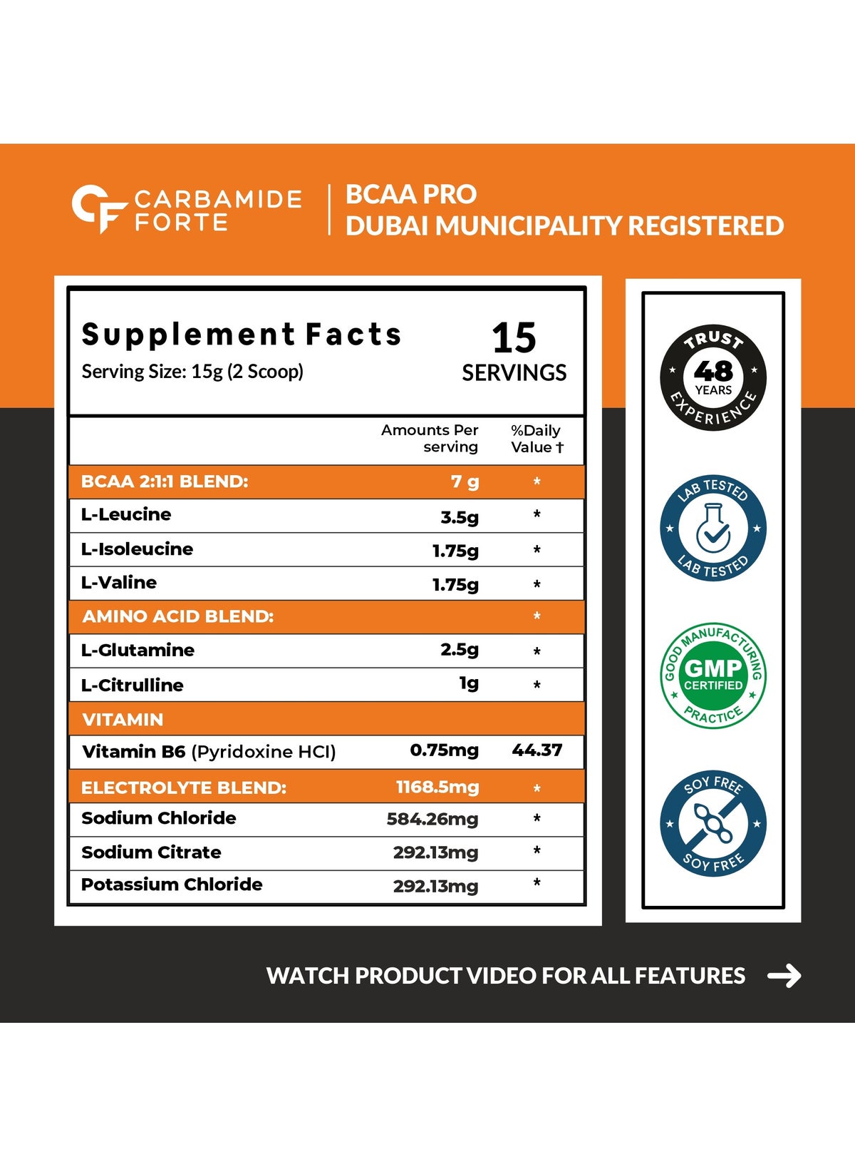 Carbamide Forte Bcaa Pro Supplement For Men & Women 15G Serving With L-Glutamine & L-Citrulline|Max Strength Bcaa Powder With 1168.5Mg Electrolyte Blend & Vitamin B6 Supplement - Orange Flavour -225G