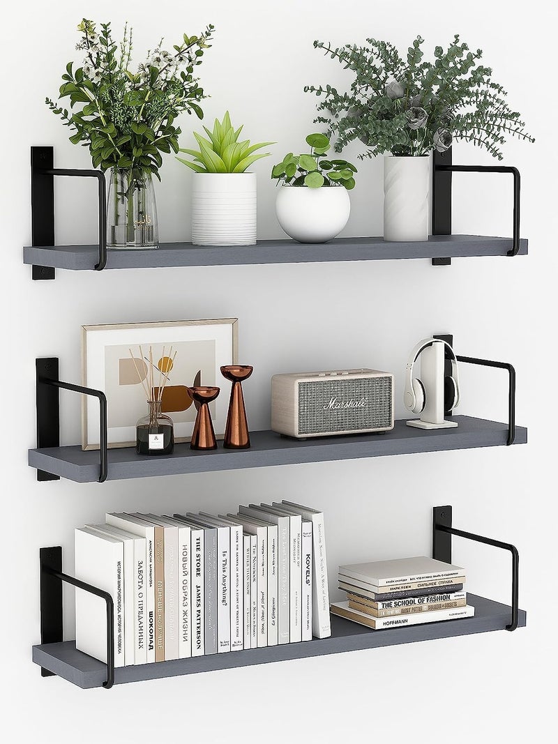 EALLRINEC Floating Shelves 24 Inches Easy to Install Wall Mounted Shelves Wall Shelves Set of 3 Rustic Wood Shelves for Wall Dcor Storage Shelves for Living Room Grey