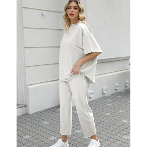 SeeLuNa Women's Two Piece Outfits 3/4 Batwing Sleeve Capelet Crew Neck Pullover Top Wide Leg Pants Lounge Set(Light Gray,XL) - Image 4