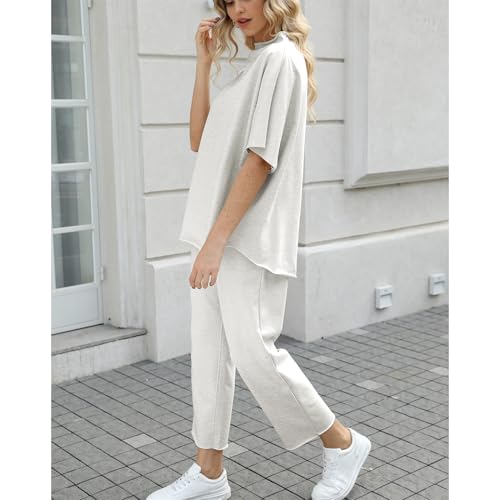 SeeLuNa Women's Two Piece Outfits 3/4 Batwing Sleeve Capelet Crew Neck Pullover Top Wide Leg Pants Lounge Set(Light Gray,XL) - Image 3