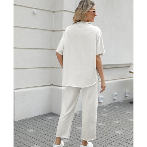 SeeLuNa Women's Two Piece Outfits 3/4 Batwing Sleeve Capelet Crew Neck Pullover Top Wide Leg Pants Lounge Set(Light Gray,XL) - Image 2