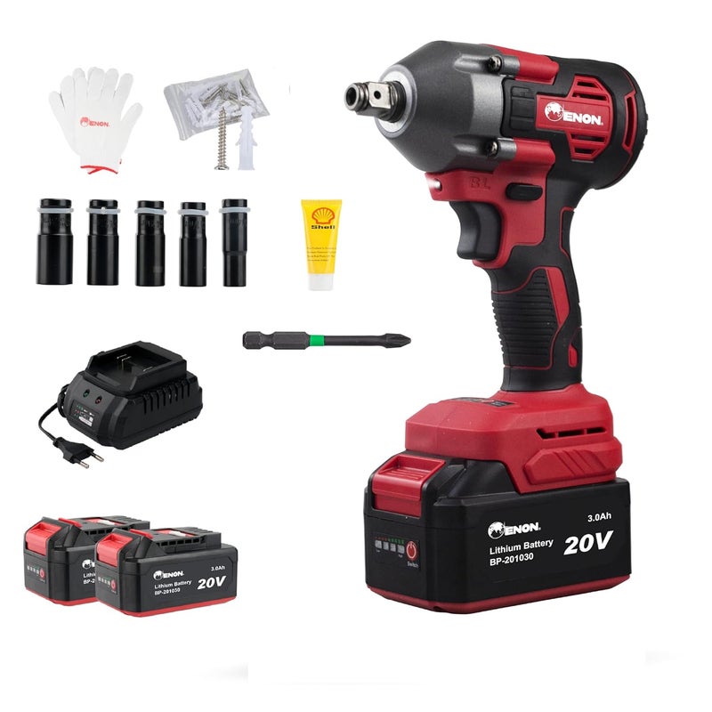 ENON طقم مفتاح صدمة لاسلكي 20 فولت، عزم دوران 410Nm، محرك قوي، بطاريتان 3.0Ah، 5 رؤوس مفاتيح، F/R، بدون فرش، أداة نجارة، مثقاب، مفك - ضمان 6 أشهر (XE-bL2032) - Image 1
