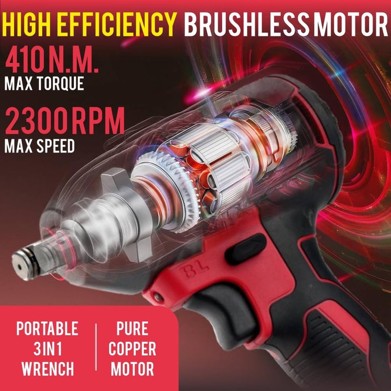 ENON طقم مفتاح صدمة لاسلكي 20 فولت، عزم دوران 410Nm، محرك قوي، بطاريتان 3.0Ah، 5 رؤوس مفاتيح، F/R، بدون فرش، أداة نجارة، مثقاب، مفك - ضمان 6 أشهر (XE-bL2032) - Image 2