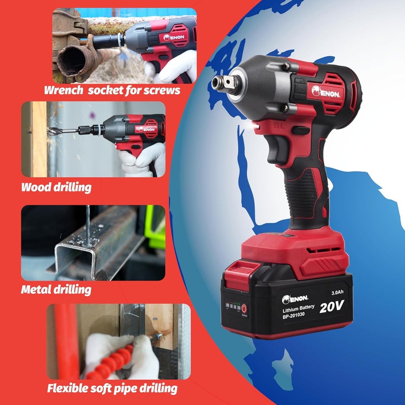 ENON طقم مفتاح صدمة لاسلكي 20 فولت، عزم دوران 410Nm، محرك قوي، بطاريتان 3.0Ah، 5 رؤوس مفاتيح، F/R، بدون فرش، أداة نجارة، مثقاب، مفك - ضمان 6 أشهر (XE-bL2032) - Image 5