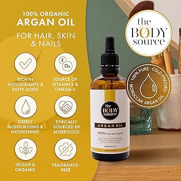 The Body Source 100 Organic Argan Oil 100ml Cold Pressed Ethically Sourced Bottled in Morocco For Healthy Hair Skin Nails - Image 2