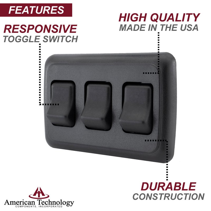 American Technology Components Triple SPST On-Off Switch with Bezel, 12-Volt, for RV, Trailer, Camper (Black) - Image 3