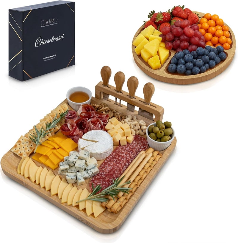 Cavrro Charcuterie Board Set – Bamboo Cheese Platter with Knives, Bowls & Round Tray – Eco-Friendly Gift for Housewarming, Weddings & Parties – Wood Serving Board for Entertaining - Image 1