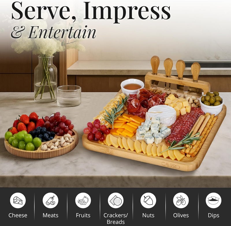 Cavrro Charcuterie Board Set – Bamboo Cheese Platter with Knives, Bowls & Round Tray – Eco-Friendly Gift for Housewarming, Weddings & Parties – Wood Serving Board for Entertaining - Image 3