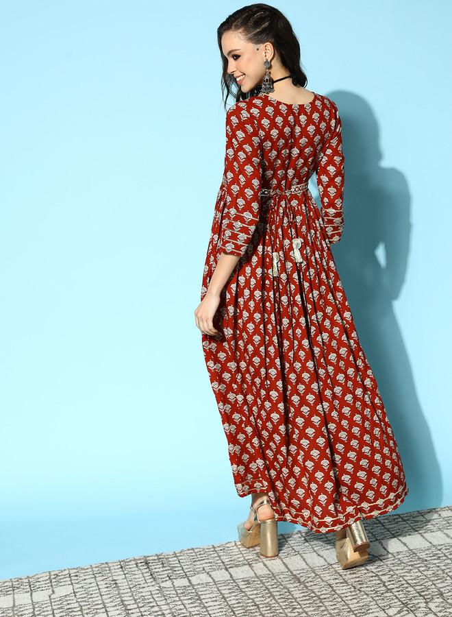 ISHIN Women Floral Print Ethnic Empire Maxi Dress With Embellished Belt - Image 5