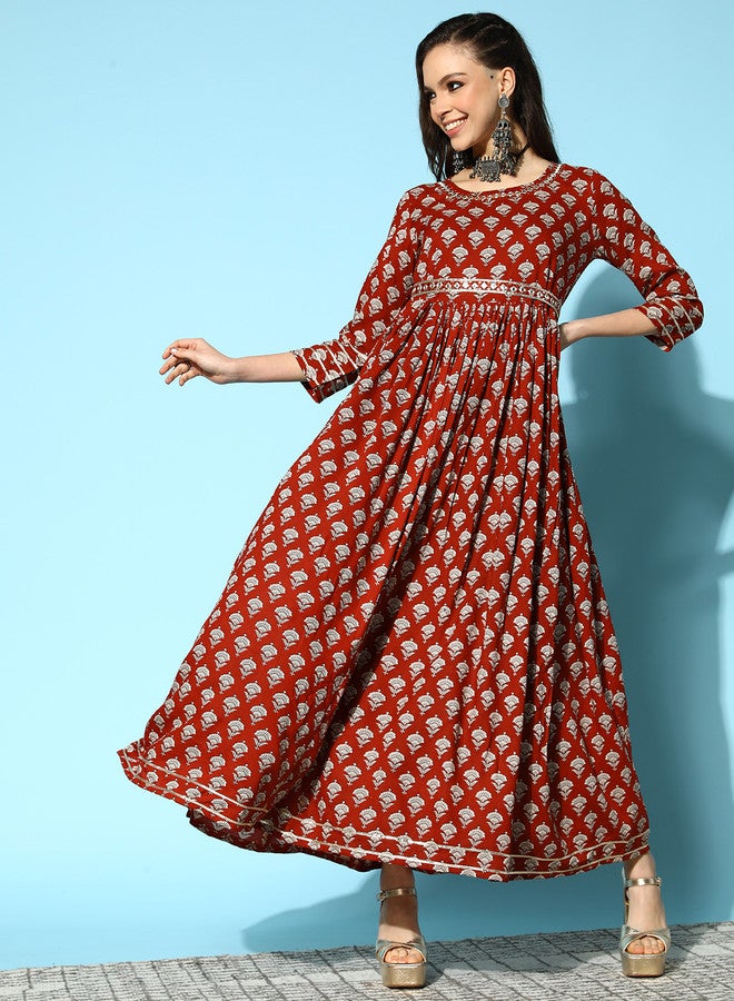 ISHIN Women Floral Print Ethnic Empire Maxi Dress With Embellished Belt - Image 2
