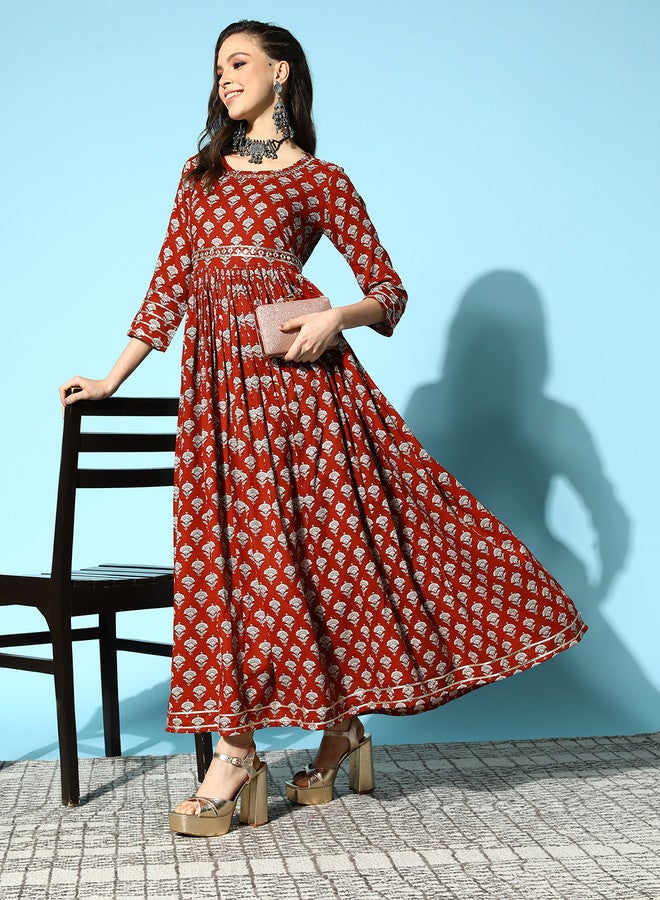 ISHIN Women Floral Print Ethnic Empire Maxi Dress With Embellished Belt - Image 1