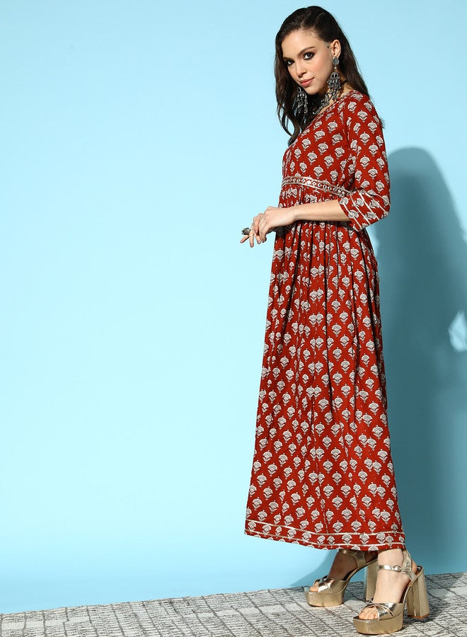 ISHIN Women Floral Print Ethnic Empire Maxi Dress With Embellished Belt - Image 3