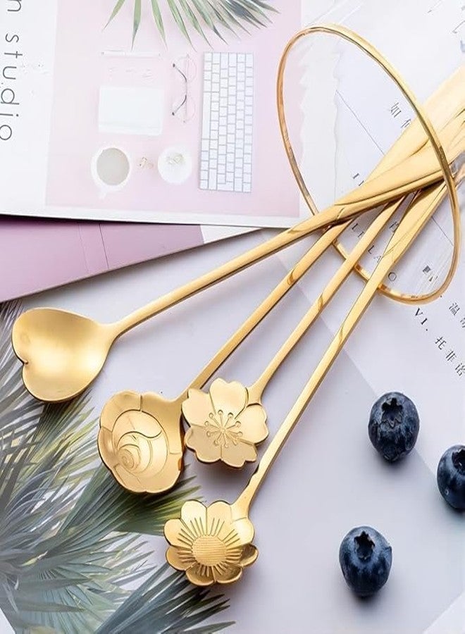 Anadi Handle Flowers Shaped Stirring Golden Spoons, Stainless Steel Reusable Flower Teaspoons, Coffee Spoon, Spoon Set for Kitchen, Ice Cream, Dessert House, Cafe Bar Dessert Spoon 4pcs Set (8 CM) - Image 4