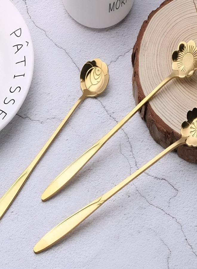 Anadi Handle Flowers Shaped Stirring Golden Spoons, Stainless Steel Reusable Flower Teaspoons, Coffee Spoon, Spoon Set for Kitchen, Ice Cream, Dessert House, Cafe Bar Dessert Spoon 4pcs Set (8 CM) - Image 3