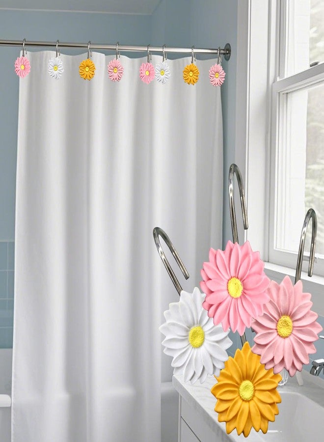 Inshere Mix Color Daisy Floral Shower Curtain Hooks,12Pcs Rustproof Stainless Steels Pink Yellow White Flower Decoration Bathroom Shower Curtain Hanger Decor - Image 4