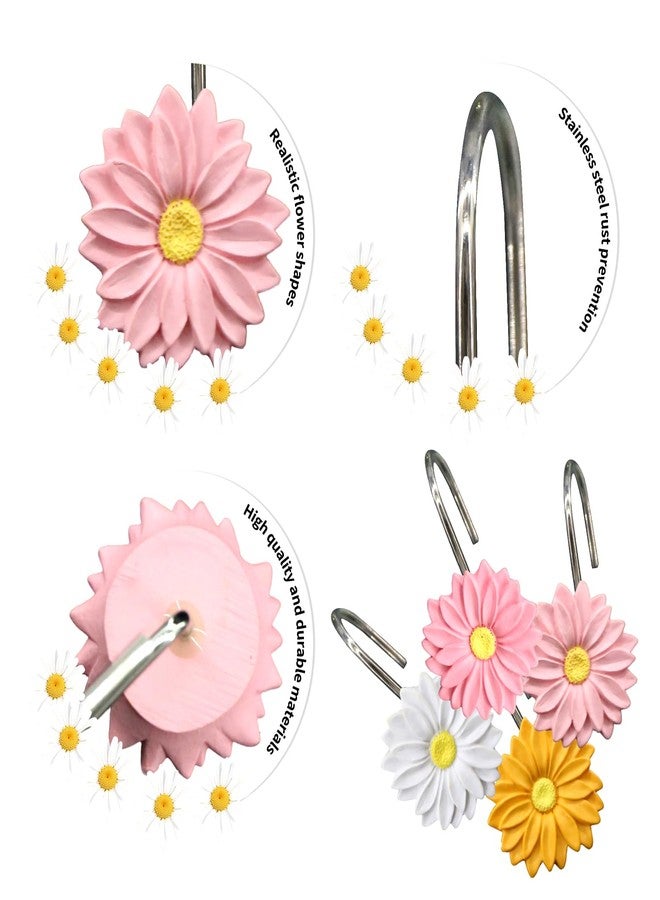 Inshere Mix Color Daisy Floral Shower Curtain Hooks,12Pcs Rustproof Stainless Steels Pink Yellow White Flower Decoration Bathroom Shower Curtain Hanger Decor - Image 3