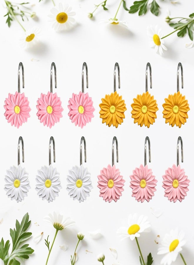 Inshere Mix Color Daisy Floral Shower Curtain Hooks,12Pcs Rustproof Stainless Steels Pink Yellow White Flower Decoration Bathroom Shower Curtain Hanger Decor - Image 1
