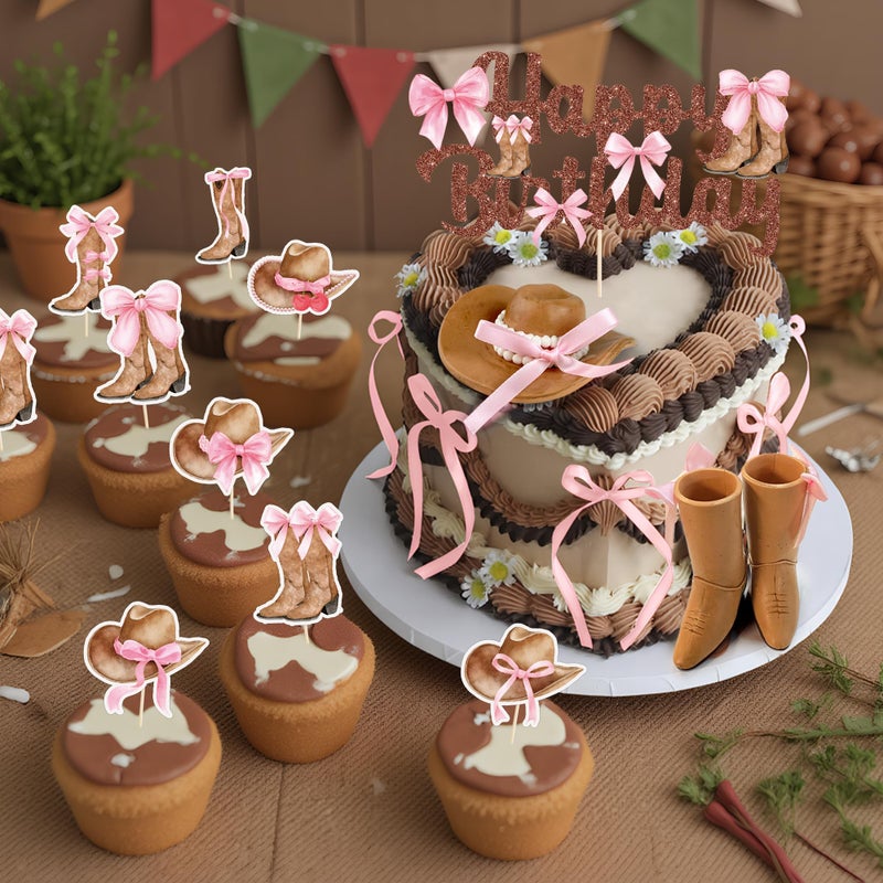 RASSLISA 26 PCS Cowgirl Bows Cake Decorations Hat and Boot Cake Toppers for Western Theme Birthday Baby Shower Cowgirl Party Supplies - Image 4
