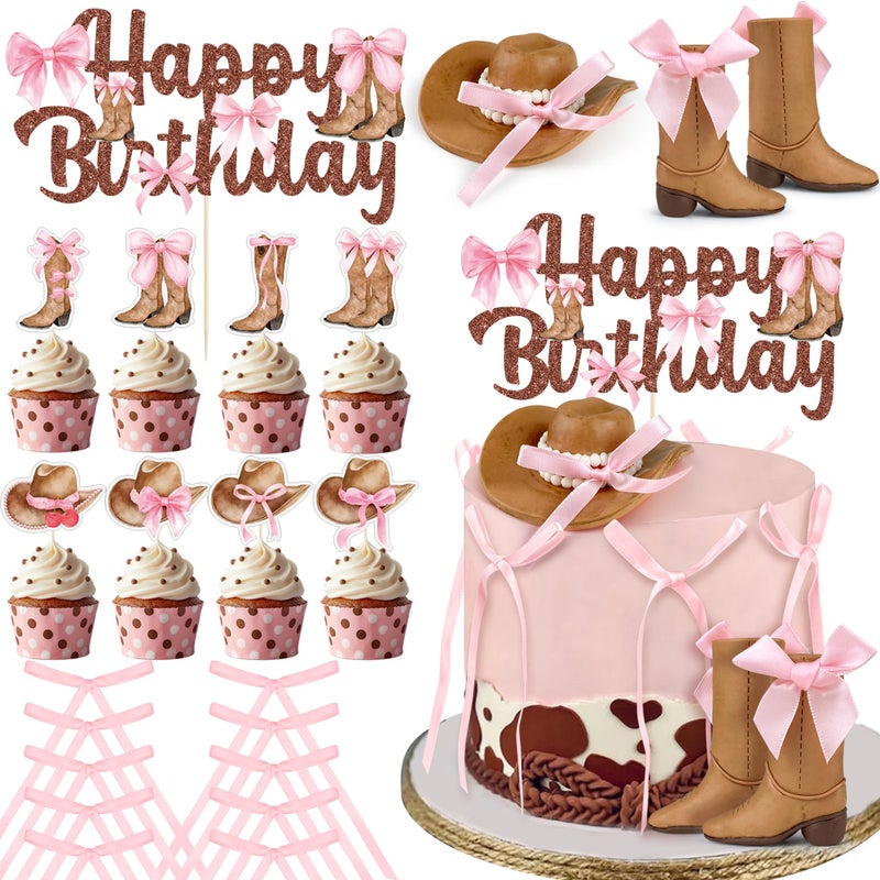 RASSLISA 26 PCS Cowgirl Bows Cake Decorations Hat and Boot Cake Toppers for Western Theme Birthday Baby Shower Cowgirl Party Supplies - Image 1