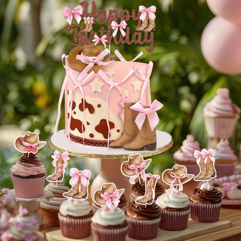 RASSLISA 26 PCS Cowgirl Bows Cake Decorations Hat and Boot Cake Toppers for Western Theme Birthday Baby Shower Cowgirl Party Supplies - Image 3