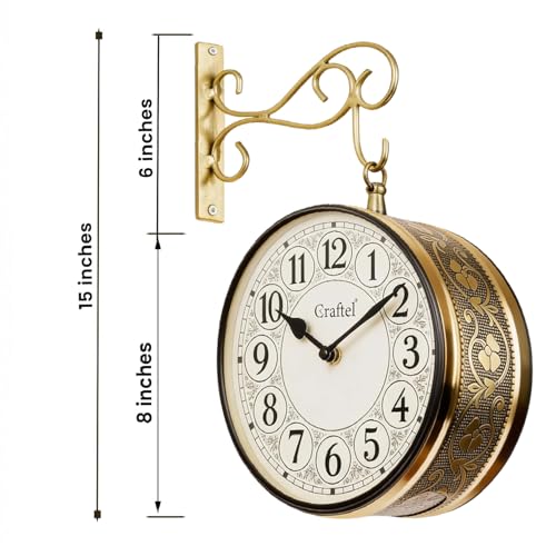 CRAFTEL Double Sided Station Wall Clock Multi-Layer Electroplated | Both Side English Numerals | Aluminum Matte-Finish Dial Metal Body | Dial - 8 Inches, Shiny Gold | 365 Days Warranty - Image 2