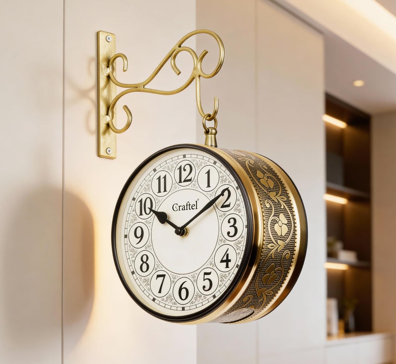 CRAFTEL Double Sided Station Wall Clock Multi-Layer Electroplated | Both Side English Numerals | Aluminum Matte-Finish Dial Metal Body | Dial - 8 Inches, Shiny Gold | 365 Days Warranty - Image 1