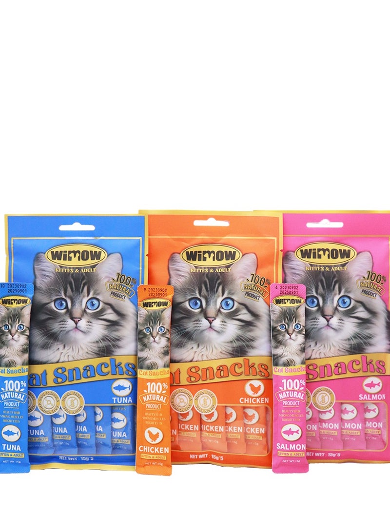 Premium Cat Creamy Treats - 5 Strips, Natural Salmon, Tuna & Chicken, 15g, High Protein Snack for Adult & Puppy Cats