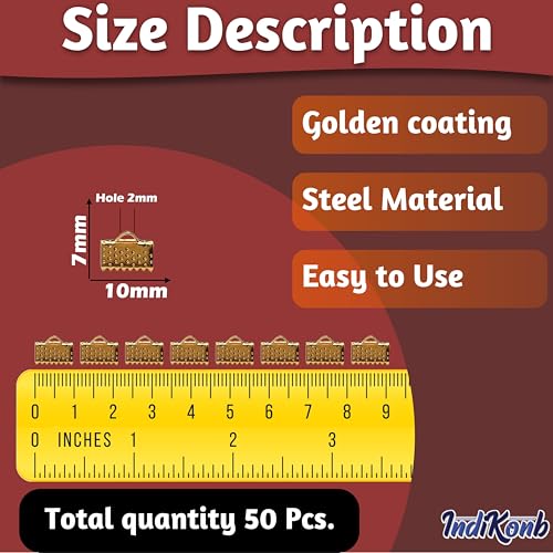 INDIKONB Fold-Over Crimp Cord Ends | Golden Ribbon Clamp Tips Jewelry Connectors for DIY Jewelry Making | Pack of 50 - Image 3
