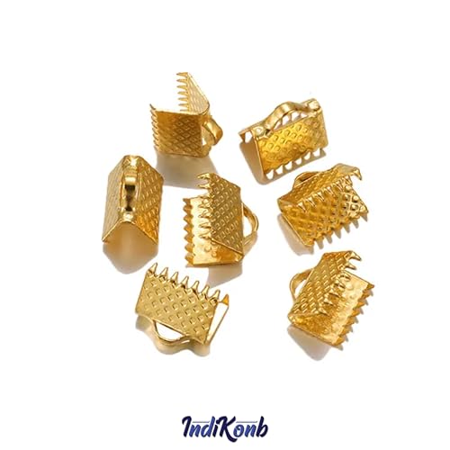 INDIKONB Fold-Over Crimp Cord Ends | Golden Ribbon Clamp Tips Jewelry Connectors for DIY Jewelry Making | Pack of 50 - Image 2