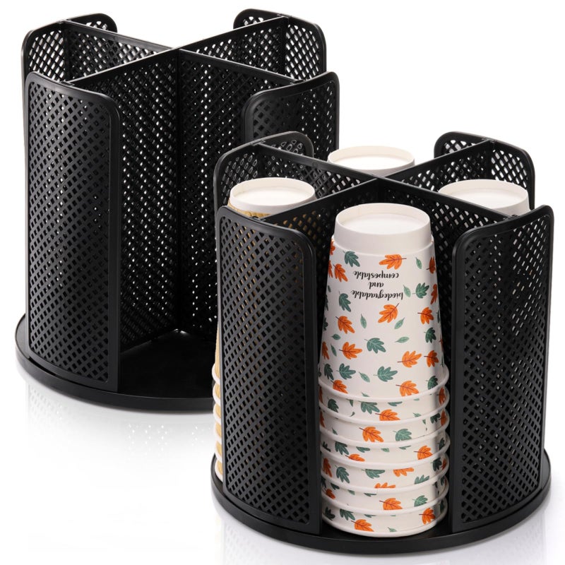 Eorbow 2 Pack Coffee Cup Dispenser, Rotatable 4 Compartment Cup and Lid Holder, Plastic Paper Cup Storage Organizer for Office Restaurant Breakroom Coffee Station Bar Buffet Kitchen Countertop - Image 1