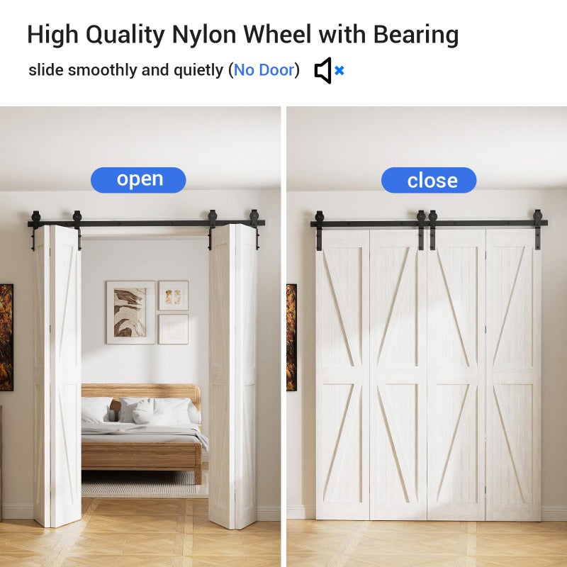 CCJH 72" Bi-Folding Sliding Barn Door Hardware Kit for 4 Doors,Slide Smoothly Quietly,Black Track J Shape Roller,No Door - Image 3