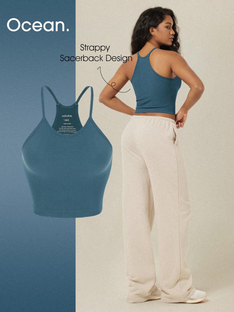 ODODOS Women's Crop Camisole 3-Pack Seamless Rib-Knit Crop Tank Tops, Long Crop, Claret Ocean Sky Blue, Medium/Large - Image 4
