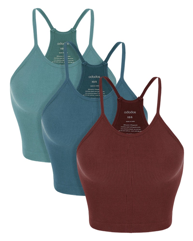 ODODOS Women's Crop Camisole 3-Pack Seamless Rib-Knit Crop Tank Tops, Long Crop, Claret Ocean Sky Blue, Medium/Large - Image 1