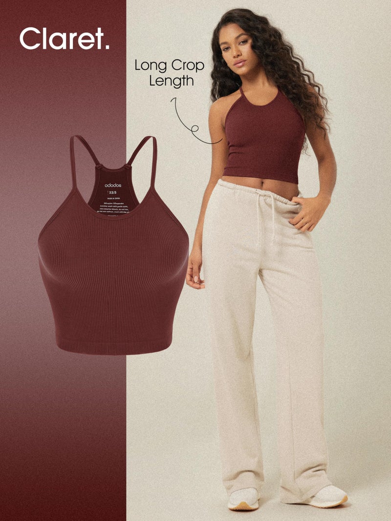 ODODOS Women's Crop Camisole 3-Pack Seamless Rib-Knit Crop Tank Tops, Long Crop, Claret Ocean Sky Blue, Medium/Large - Image 3