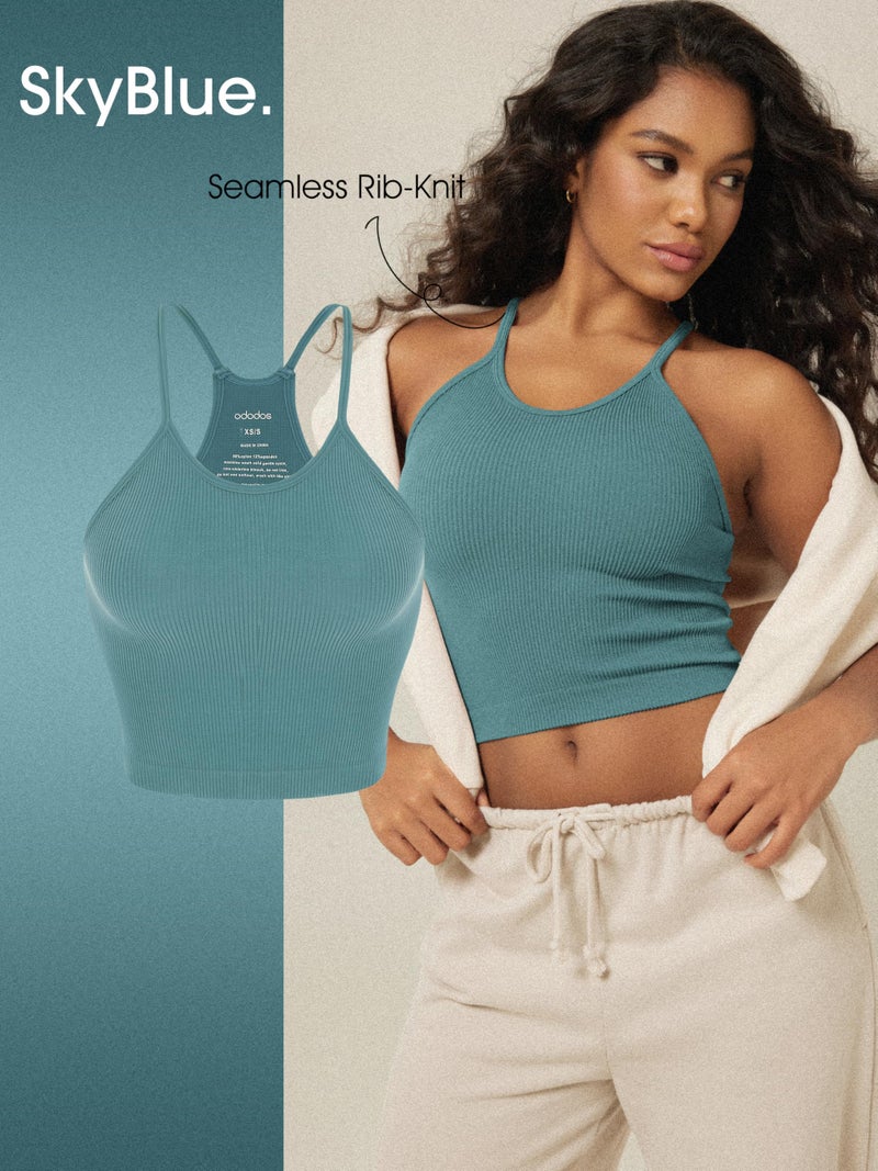 ODODOS Women's Crop Camisole 3-Pack Seamless Rib-Knit Crop Tank Tops, Long Crop, Claret Ocean Sky Blue, Medium/Large - Image 5
