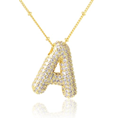 KELMALL 14K Gold/Silver Plated Chunky Bubble Initial Necklace for Women – Dainty Personalized Letter Pendant with Cubic Zirconia – Bold Statement Jewelry Gift for Her Birthday Anniversary - Image 1