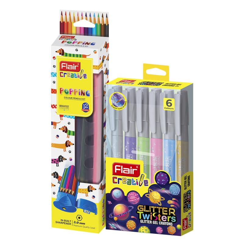 FLAIR Creative Series 12 Shades Colour Pencil With Sharpner, Eraser & 6 Shades Glitter Gel Crayons Combo | Ideal for Drawing, Sketching, Doodling, Journal, Colouring, Painting - Image 1