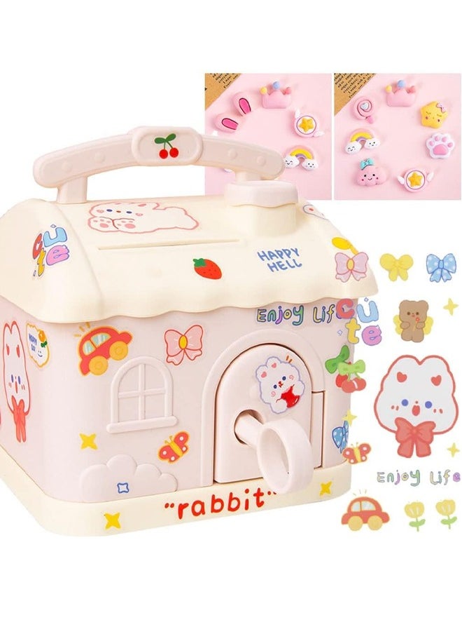 Optico Money Bank for Kids, Lovely Cream House Money Coin Bank Box Cottage Money Bank with DIY Sticker & Key Lovely Money Bank for Kids to Saving Money Children's Birthday Gifts  - Image 1