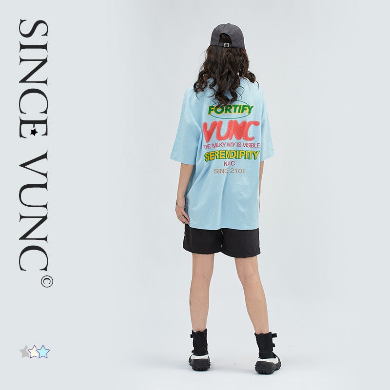 Vunc Original Genderless Pure Cotton Street Fashion Brand Couple Letter Glue Foam Loose Men'S And Women'S Short-Sleeved T-Shirt - Image 2