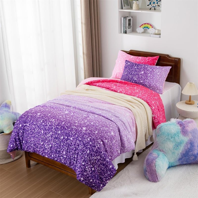 Holawakaka Holawakaka Kids Space Star Glitter Comforter Set Ombre Pink Purple Print Ombre Bedding Set TwinTwin XL Size Girls Gradient Galaxy Dorm Bed Sets Pink PurpleTwin 