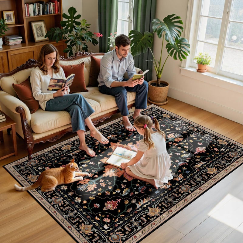 RELEANY Area Rugs 5'x7' Washable Non-Slip, Floral Vintage Distress Print Pattern Medallion Carpet for Living Room Bedroom Dining Room, Black Colorful Floral Dark Tan - Image 3