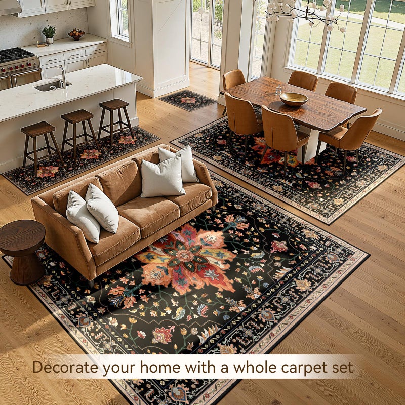 RELEANY Area Rugs 5'x7' Washable Non-Slip, Floral Vintage Distress Print Pattern Medallion Carpet for Living Room Bedroom Dining Room, Black Colorful Floral Dark Tan - Image 4