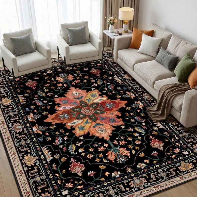 RELEANY Area Rugs 5'x7' Washable Non-Slip, Floral Vintage Distress Print Pattern Medallion Carpet for Living Room Bedroom Dining Room, Black Colorful Floral Dark Tan - Image 1
