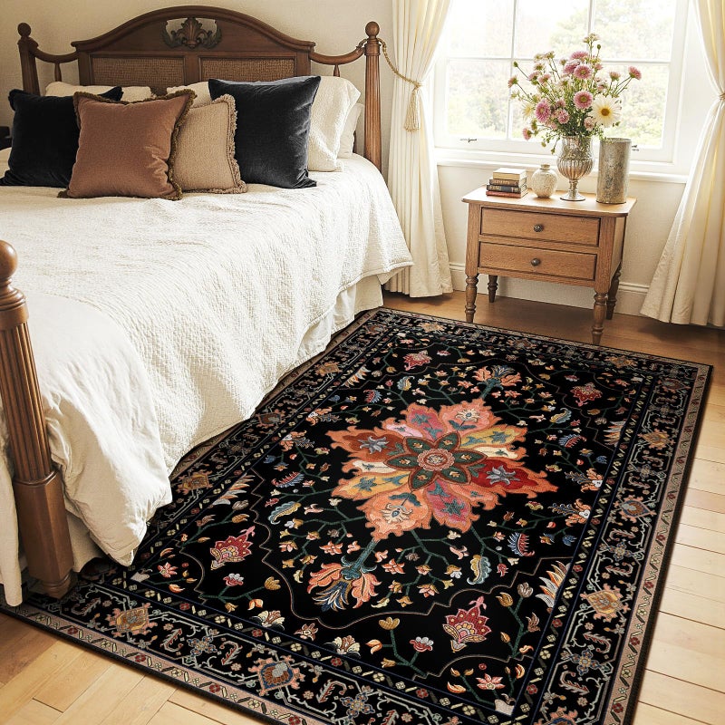 RELEANY Area Rugs 5'x7' Washable Non-Slip, Floral Vintage Distress Print Pattern Medallion Carpet for Living Room Bedroom Dining Room, Black Colorful Floral Dark Tan - Image 2